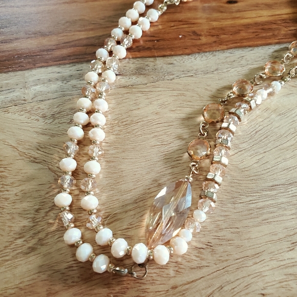 Long Beaded Necklace & Earring Set Natural Cream & Champagne Gold - Picture 4 of 8